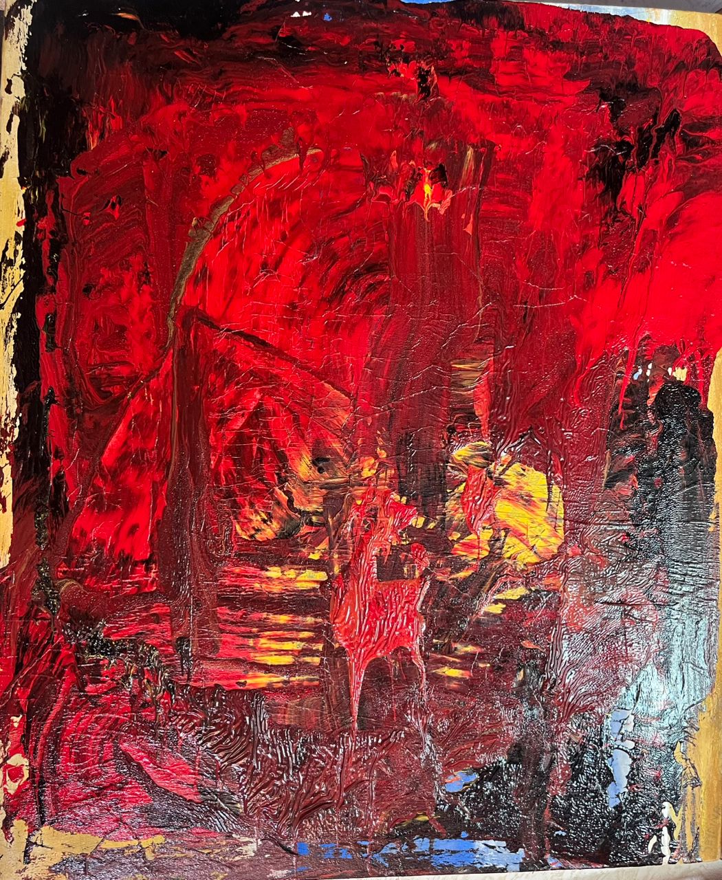 Vague rouge | — Masse rouge travaillée au couteau, éclats jaunes